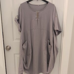 Casual Gray Tunic Dress with Pockets
